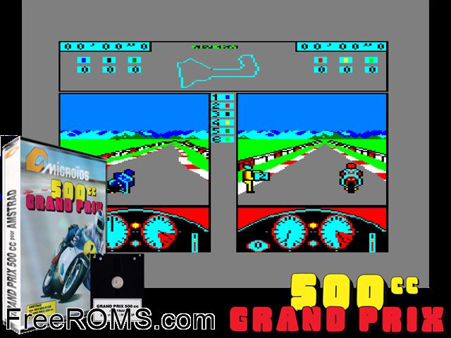 500cc Grand Prix (F) (1986) [f1] Amstrad CPC game showing 3D box cover and gameplay screenshot